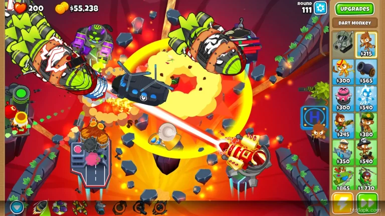 Bloons TD 6 MOD APK all 25 towers unlocked showing Dart Monkey Paragon and powerful upgrades on lava volcanic map