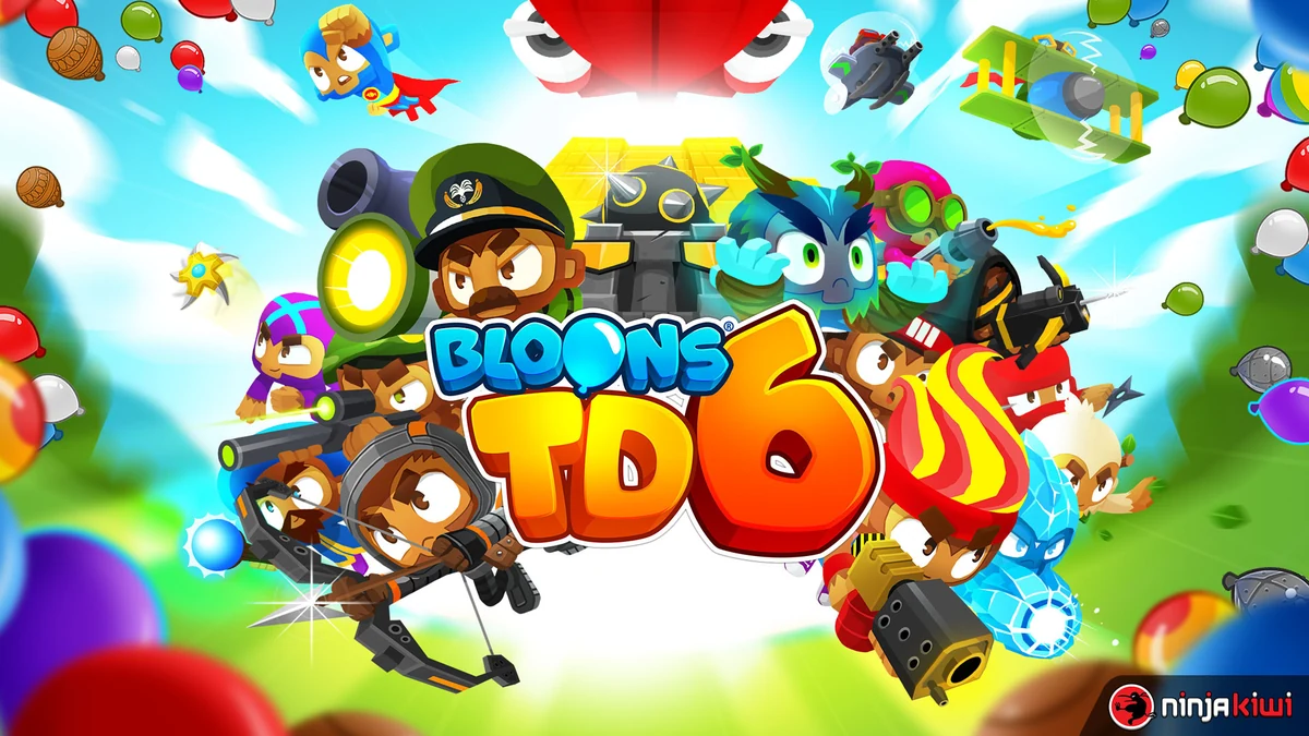 Bloons TD 6 MOD APK official key art featuring all monkey heroes and towers with Bloons TD 6 logo