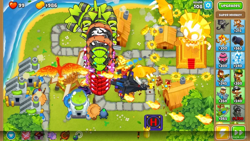 BTD6 MOD APK free tower upgrades showing Super Monkey upgrade panel with every Tier 5 accessible on coastal map