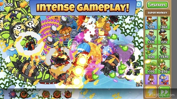 BTD6 MOD APK intense gameplay with multiple powerful towers in action on a spiral map