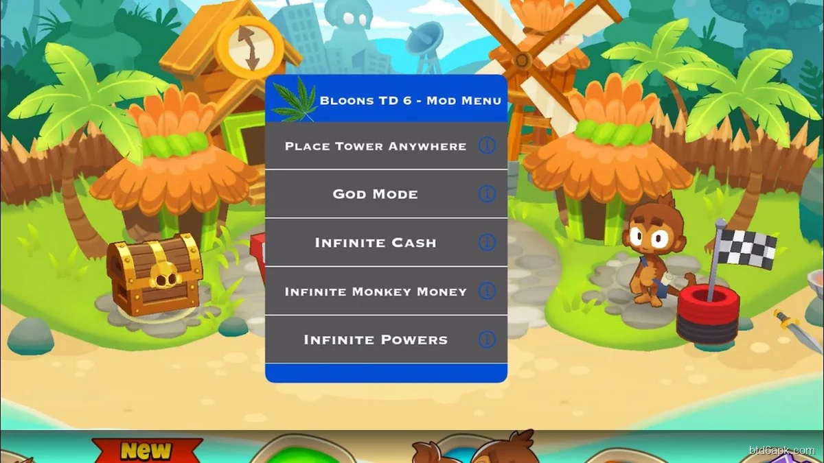 BTD6 MOD Menu APK showing Place Tower Anywhere God Mode Infinite Cash and Monkey Money features