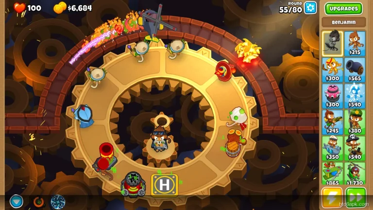 BTD6 MOD APK no ads pure gameplay on beautiful steampunk gear map with Benjamin hero and advanced towers