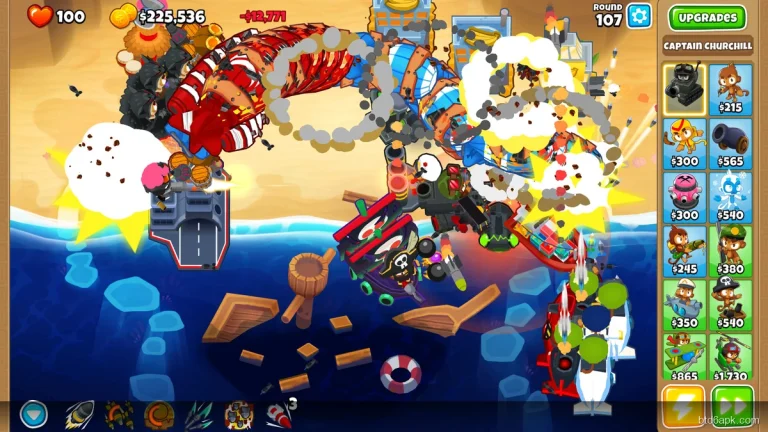 Bloons TD 6 MOD APK unlimited XP and Monkey Money showing $225536 earned during intense late-game battle